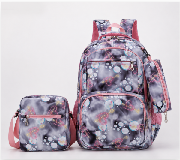 R$30,00 Cada | CAIXA 120 peças 8024K# Kit Mochila Escolar Feminina Fashion Estampada com Bolsa e Estojo Grande Impermeável