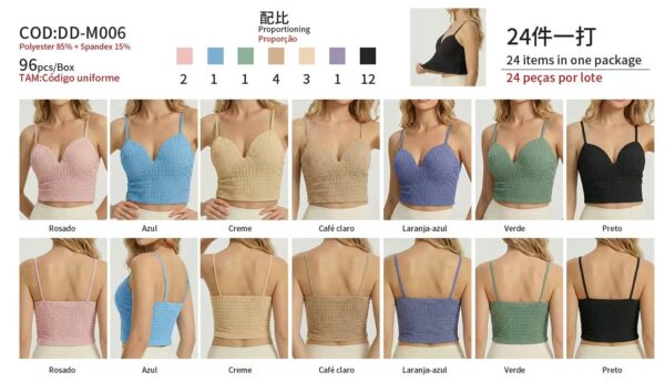 R$24,00 Cada | CAIXA 96 peças M006# Cropped Feminino Canelado Modal Alcinha Academia Casual Com Bojo
