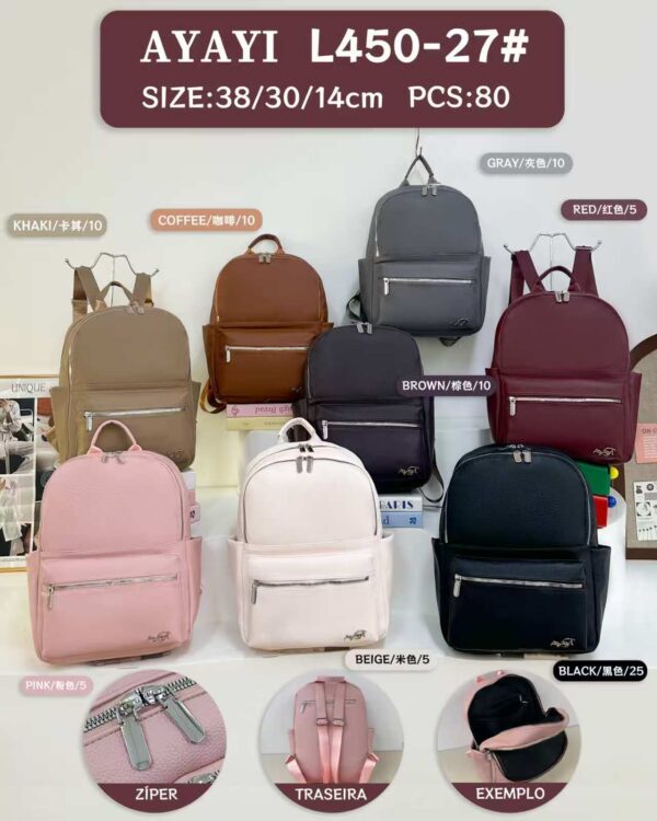 R$45,00 cada | CAIXA 80 peças L450-27# Mochila Feminina Casual de Couro PU, Com Bolso antifurto