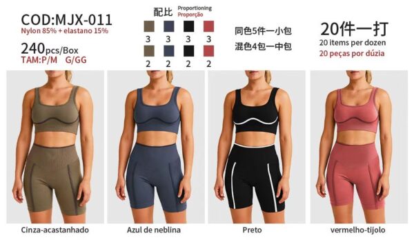 R$38,00 Cada | CAIXA 240 peças MJX-011# Conjunto Academia Feminino Top Sustentação Bermuda Fitness