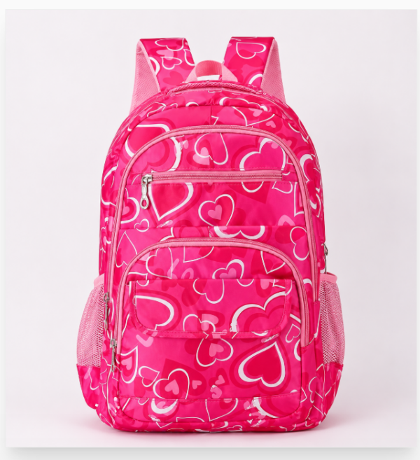 R$26,00 Cada | CAIXA 120 Peças 68048# Mochila Escolar Feminina  Estampa Corações Grande Impermeável Fashion