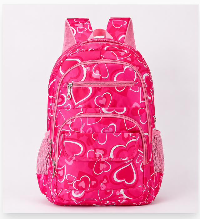 R$26,00 Cada | CAIXA 120 Peças 68048# Mochila Escolar Feminina  Estampa Corações Grande Impermeável Fashion
